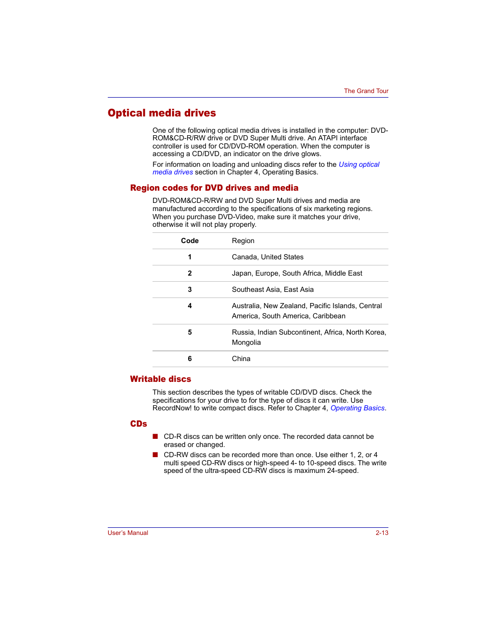 Optical media drives, Region codes for dvd drives and media, Writable discs | Optical media drives -13 | Toshiba M300 User Manual | Page 53 / 218