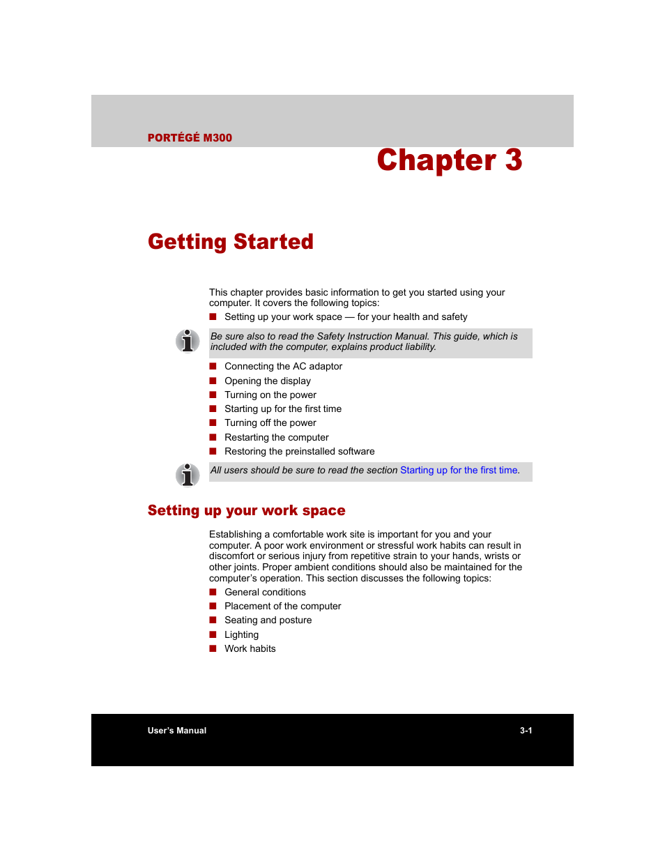 Chapter 3 - getting started, Setting up your work space, Chapter 3 | Getting started, Setting up your work space -1, For step-by-step instruct, Provid | Toshiba M300 User Manual | Page 57 / 218