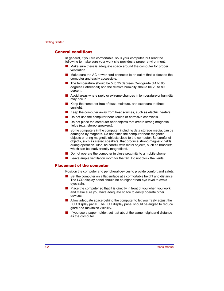 General conditions, Placement of the computer, General conditions -2 placement of the computer -2 | Toshiba M300 User Manual | Page 58 / 218