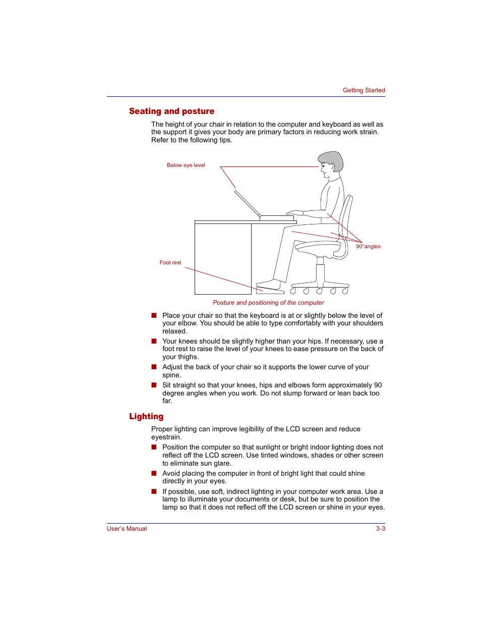 Seating and posture, Lighting, Seating and posture -3 lighting -3 | Toshiba M300 User Manual | Page 59 / 218