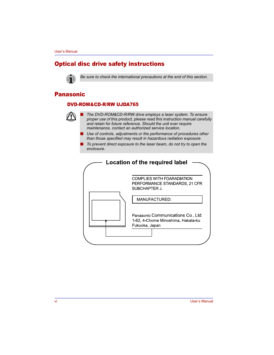 Optical disc drive safety instructions panasonic | Toshiba M300 User Manual | Page 6 / 218