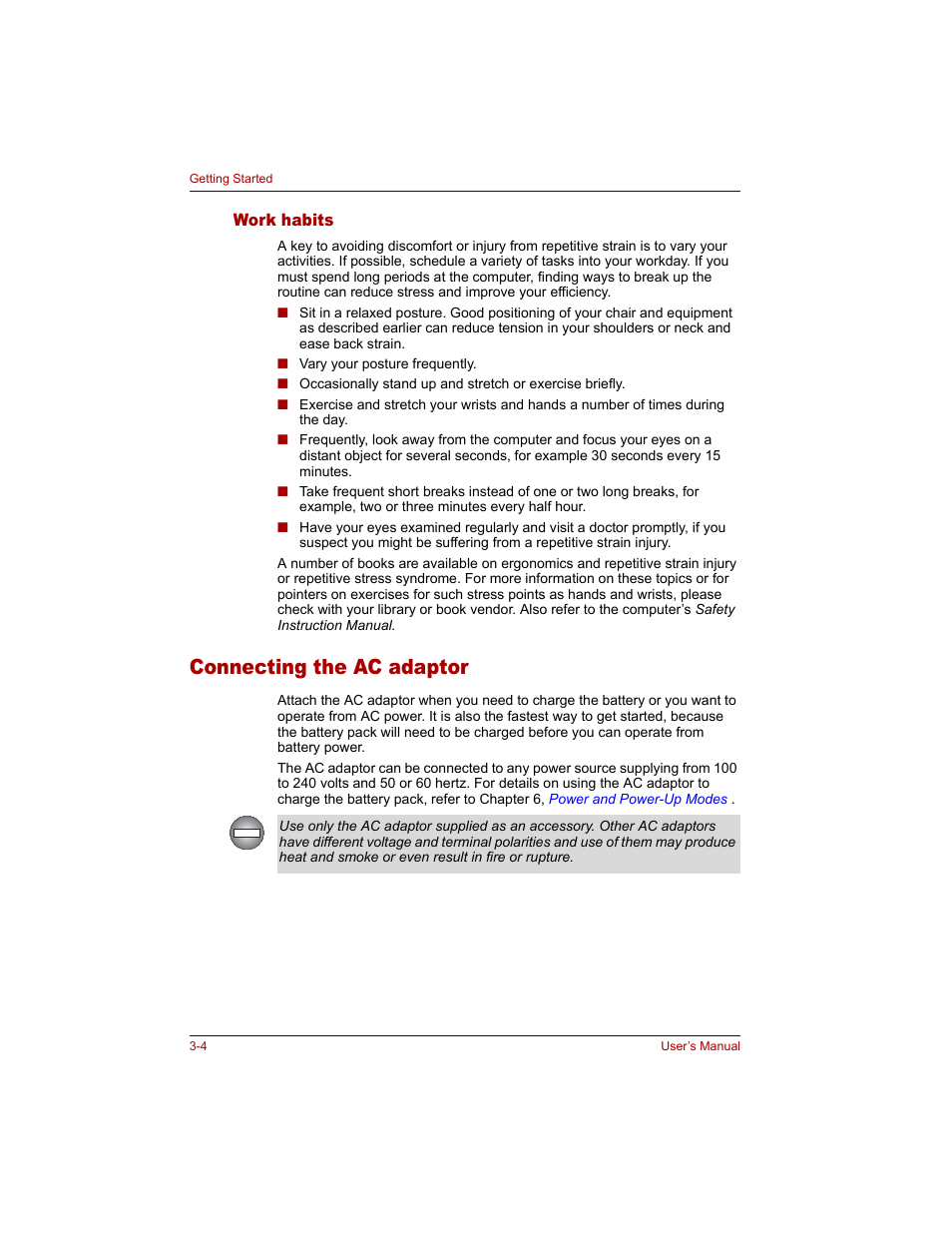 Work habits, Connecting the ac adaptor, Work habits -4 | Connecting the ac adaptor -4 | Toshiba M300 User Manual | Page 60 / 218