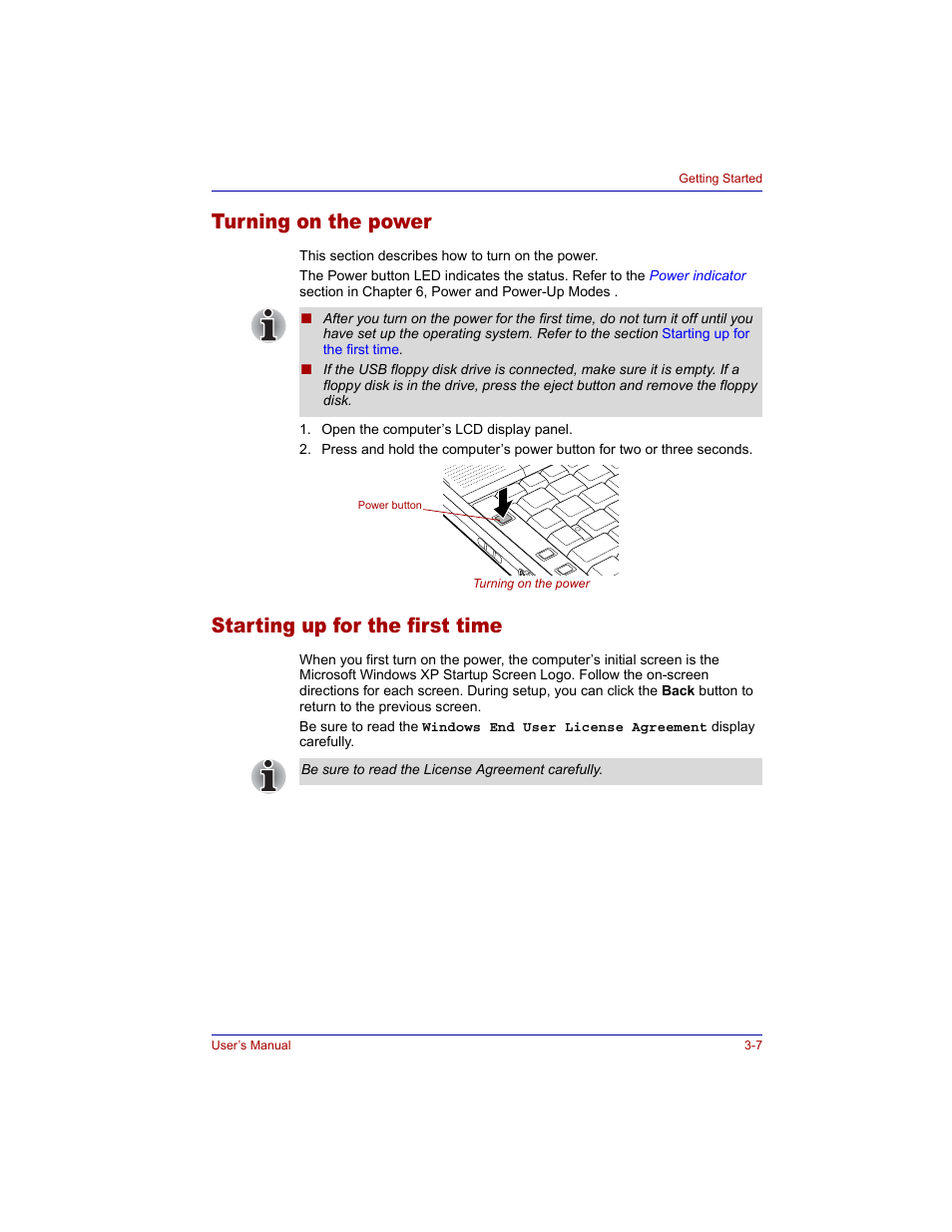 Turning on the power, Starting up for the first time | Toshiba M300 User Manual | Page 63 / 218