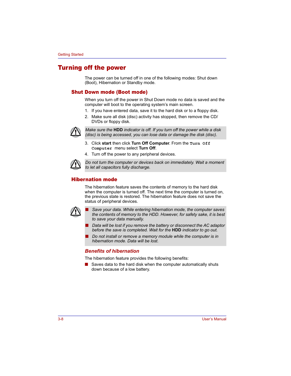 Turning off the power, Shut down mode (boot mode), Hibernation mode | Turning off the power -8, Shut down mode (boot mode) -8 hibernation mode -8 | Toshiba M300 User Manual | Page 64 / 218