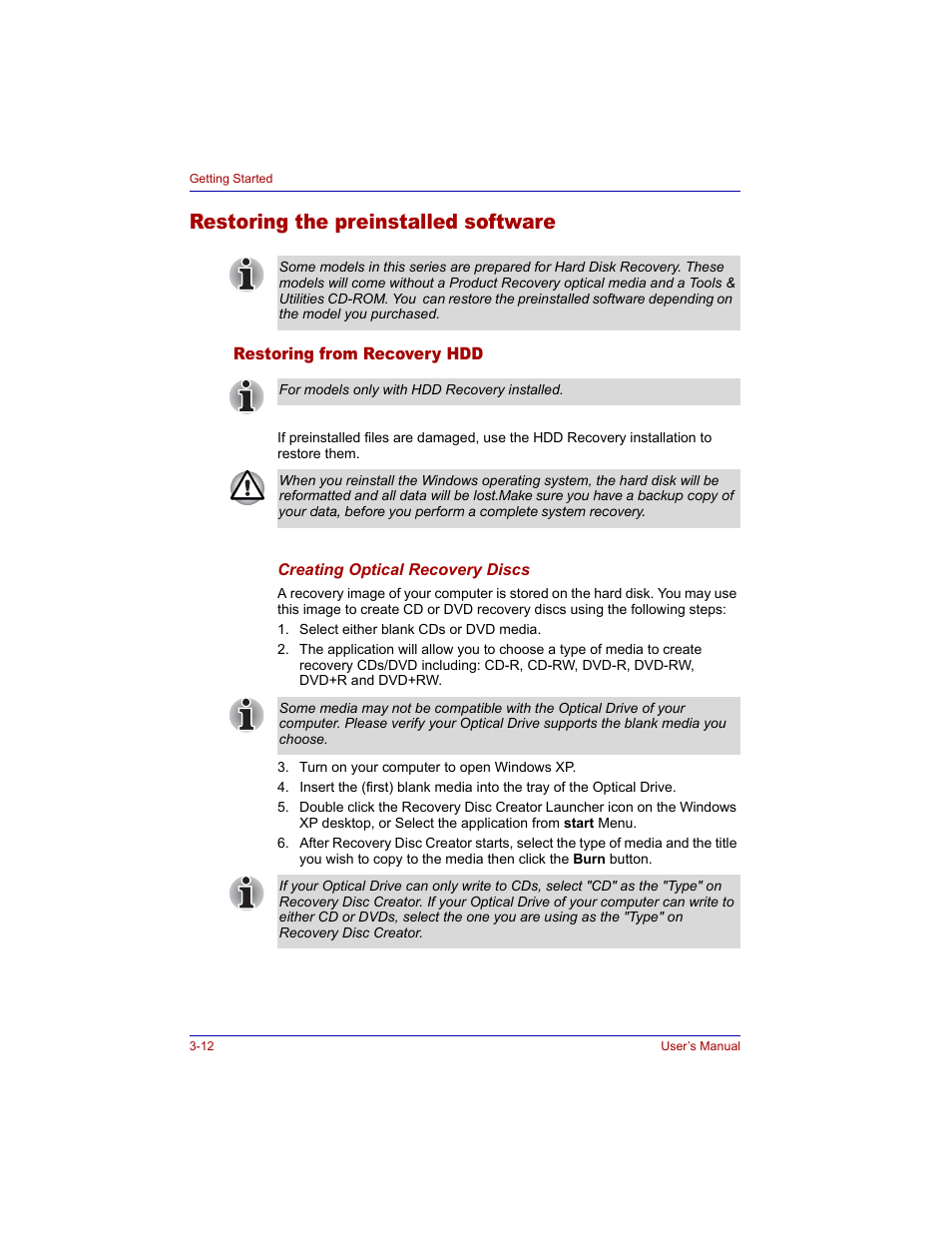 Restoring the preinstalled software, Restoring from recovery hdd, Restoring the preinstalled software -12 | Restoring from recovery hdd -12 | Toshiba M300 User Manual | Page 68 / 218