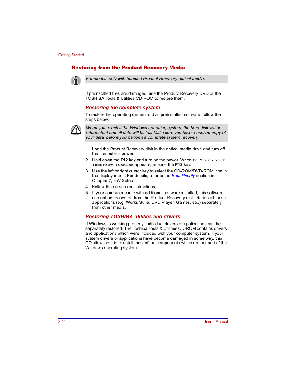 Restoring from the product recovery media, Restoring from the product recovery media -14 | Toshiba M300 User Manual | Page 70 / 218