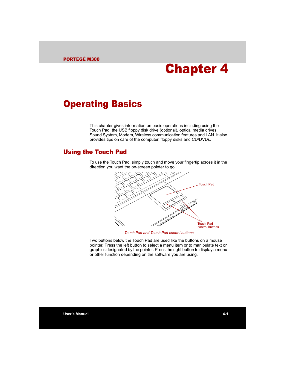 Chapter 4 - operating basics, Using the touch pad, Chapter 4 | Operating basics, Using the touch pad -1 | Toshiba M300 User Manual | Page 71 / 218