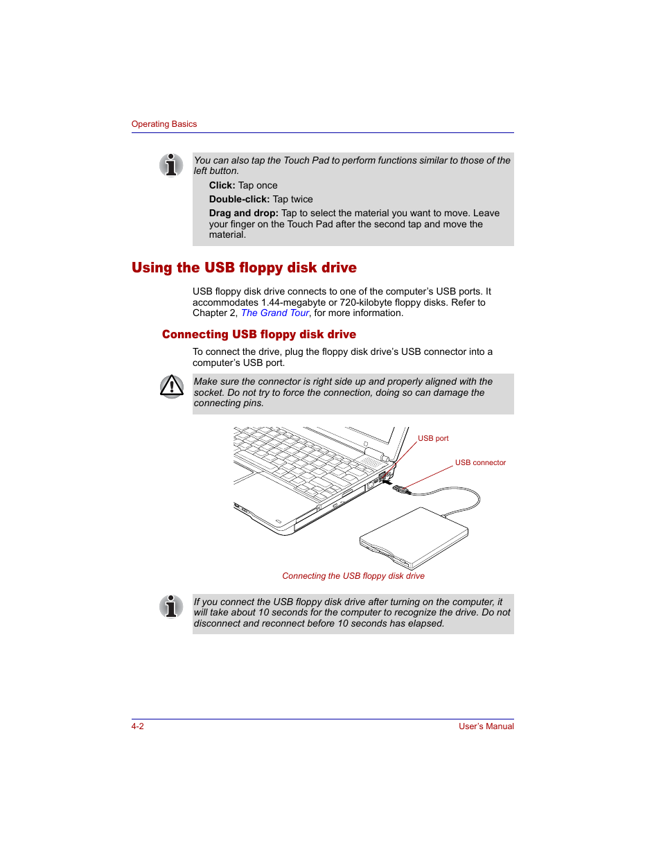 Using the usb floppy disk drive, Connecting usb floppy disk drive, Using the usb floppy disk drive -2 | Connecting usb floppy disk drive -2 | Toshiba M300 User Manual | Page 72 / 218