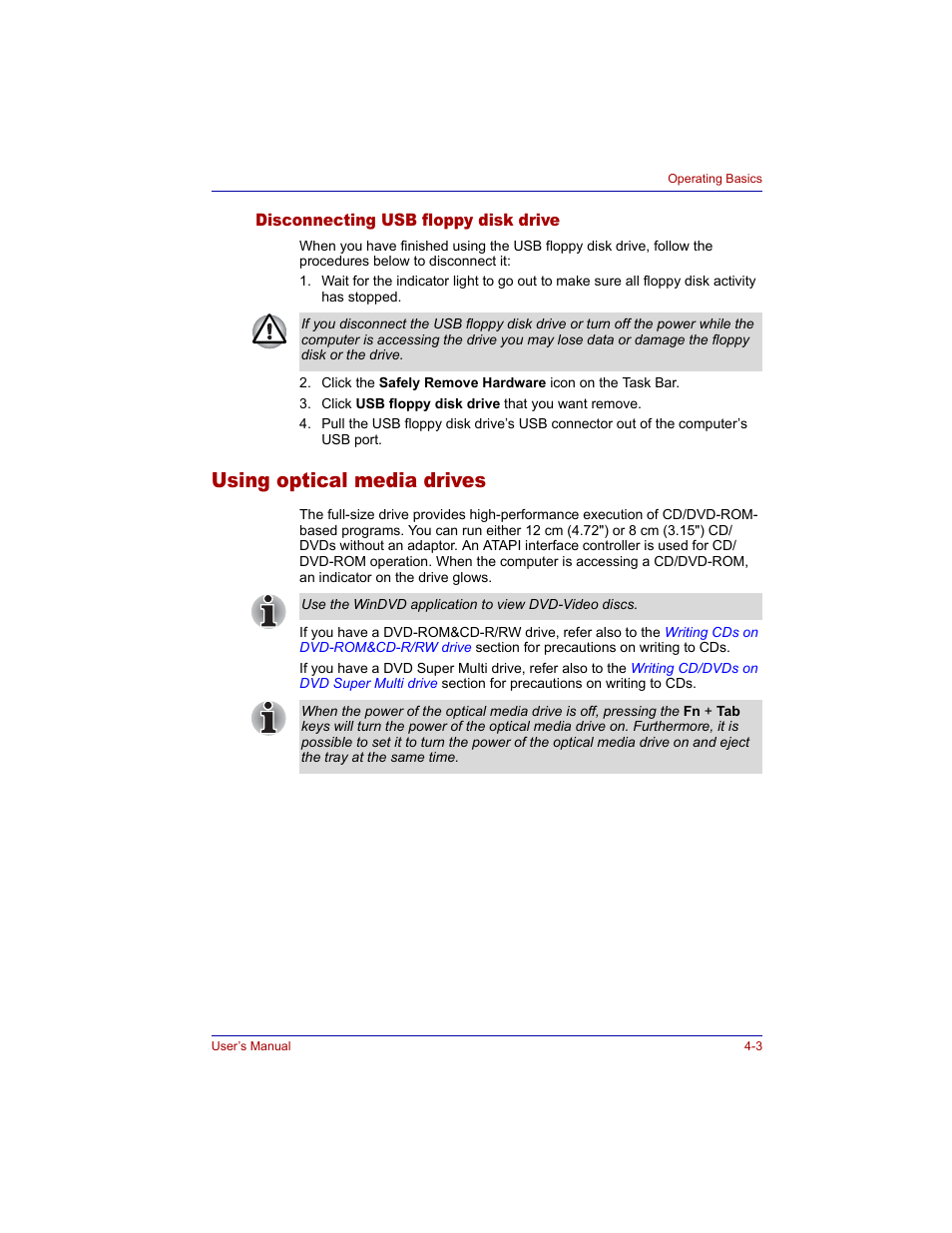 Disconnecting usb floppy disk drive, Using optical media drives, Disconnecting usb floppy disk drive -3 | Using optical media drives -3, Using optical, Media drives, Secti | Toshiba M300 User Manual | Page 73 / 218