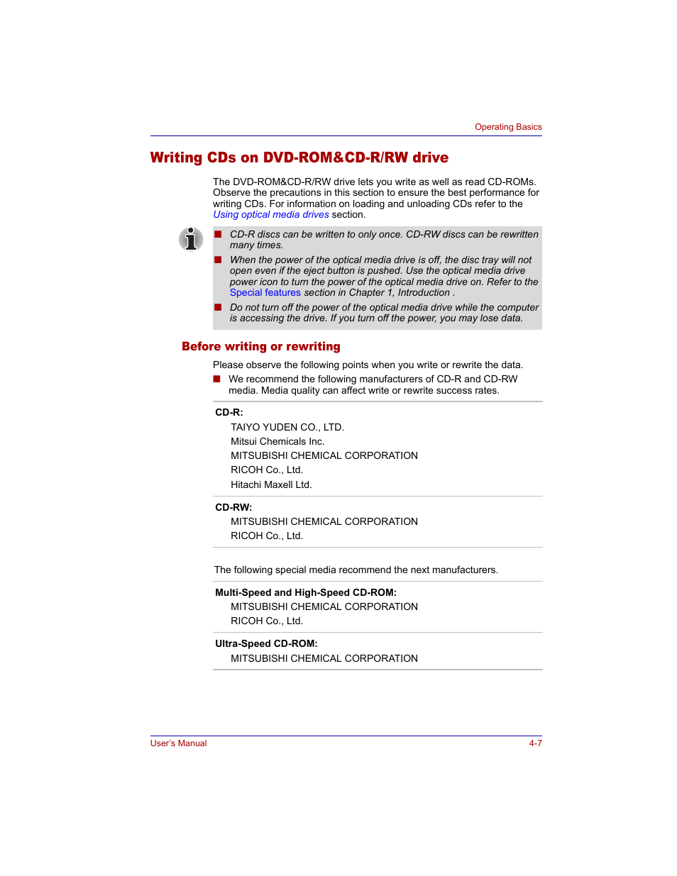 Writing cds on dvd-rom&cd-r/rw drive, Before writing or rewriting, Writing cds on dvd-rom&cd-r/rw drive -7 | Before writing or rewriting -7, Writing cds on, Dvd-rom&cd-r/rw drive | Toshiba M300 User Manual | Page 77 / 218