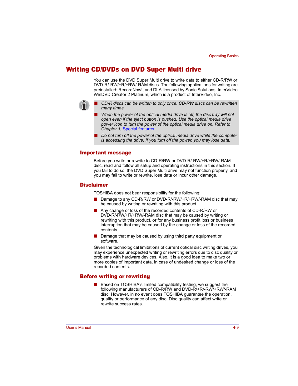 Writing cd/dvds on dvd super multi drive, Important message, Disclaimer | Before writing or rewriting, Writing cd/dvds on dvd super multi drive -9, Writing cd/dvds on, Dvd super multi drive | Toshiba M300 User Manual | Page 79 / 218