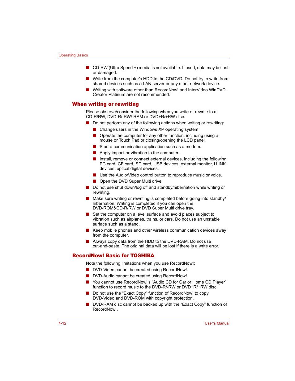 When writing or rewriting, Recordnow! basic for toshiba | Toshiba M300 User Manual | Page 82 / 218