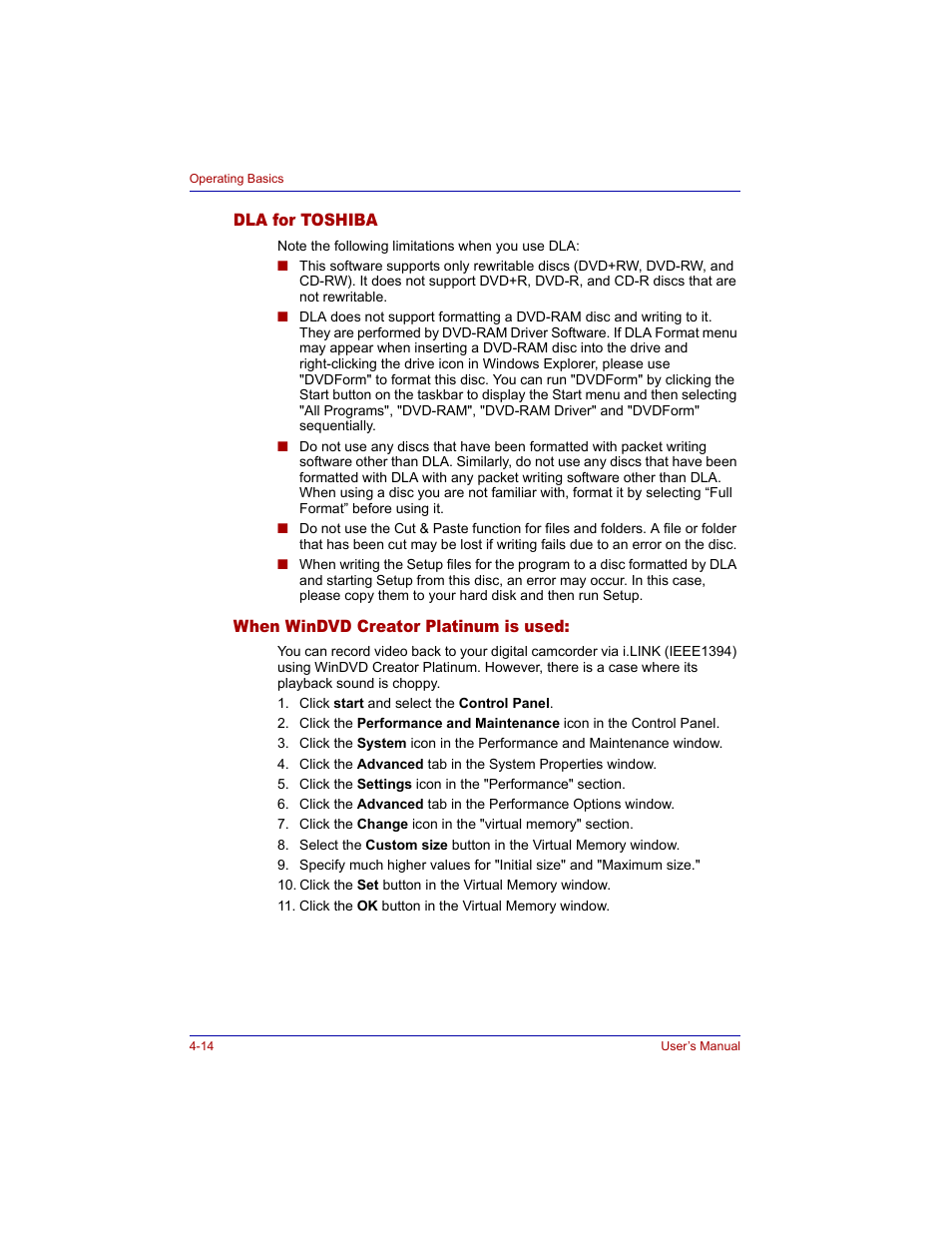 Dla for toshiba, When windvd creator platinum is used | Toshiba M300 User Manual | Page 84 / 218