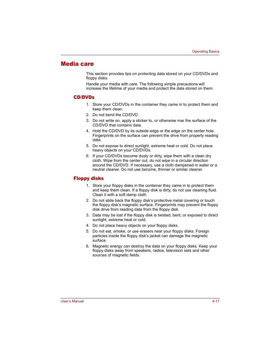 Media care, Cd/dvds, Floppy disks | Media care -17, Cd/dvds -17 floppy disks -17 | Toshiba M300 User Manual | Page 87 / 218