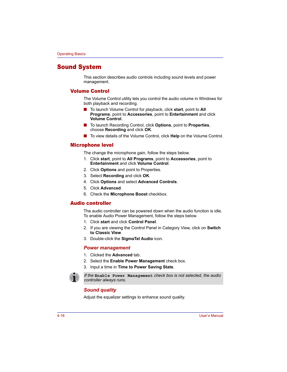 Sound system, Volume control, Microphone level | Audio controller, Sound system -18 | Toshiba M300 User Manual | Page 88 / 218