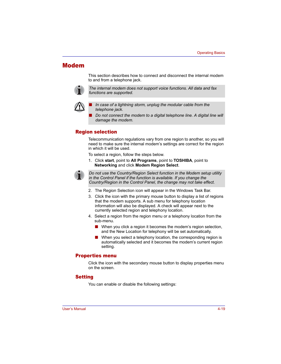 Modem, Region selection, Properties menu | Setting, Modem -19 | Toshiba M300 User Manual | Page 89 / 218