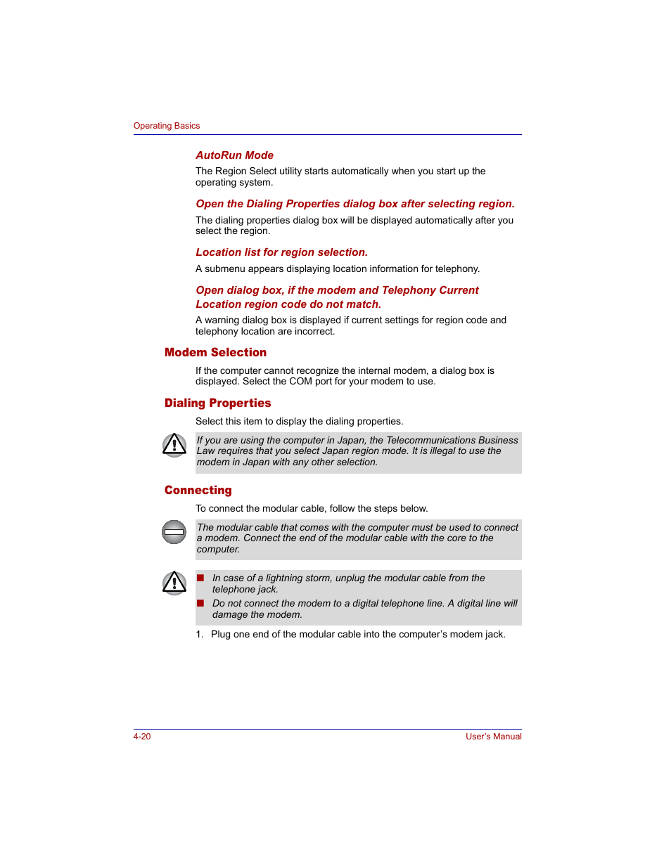 Modem selection, Dialing properties, Connecting | Toshiba M300 User Manual | Page 90 / 218