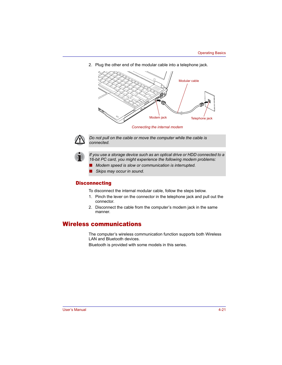 Disconnecting, Wireless communications, Disconnecting -21 | Wireless communications -21 | Toshiba M300 User Manual | Page 91 / 218