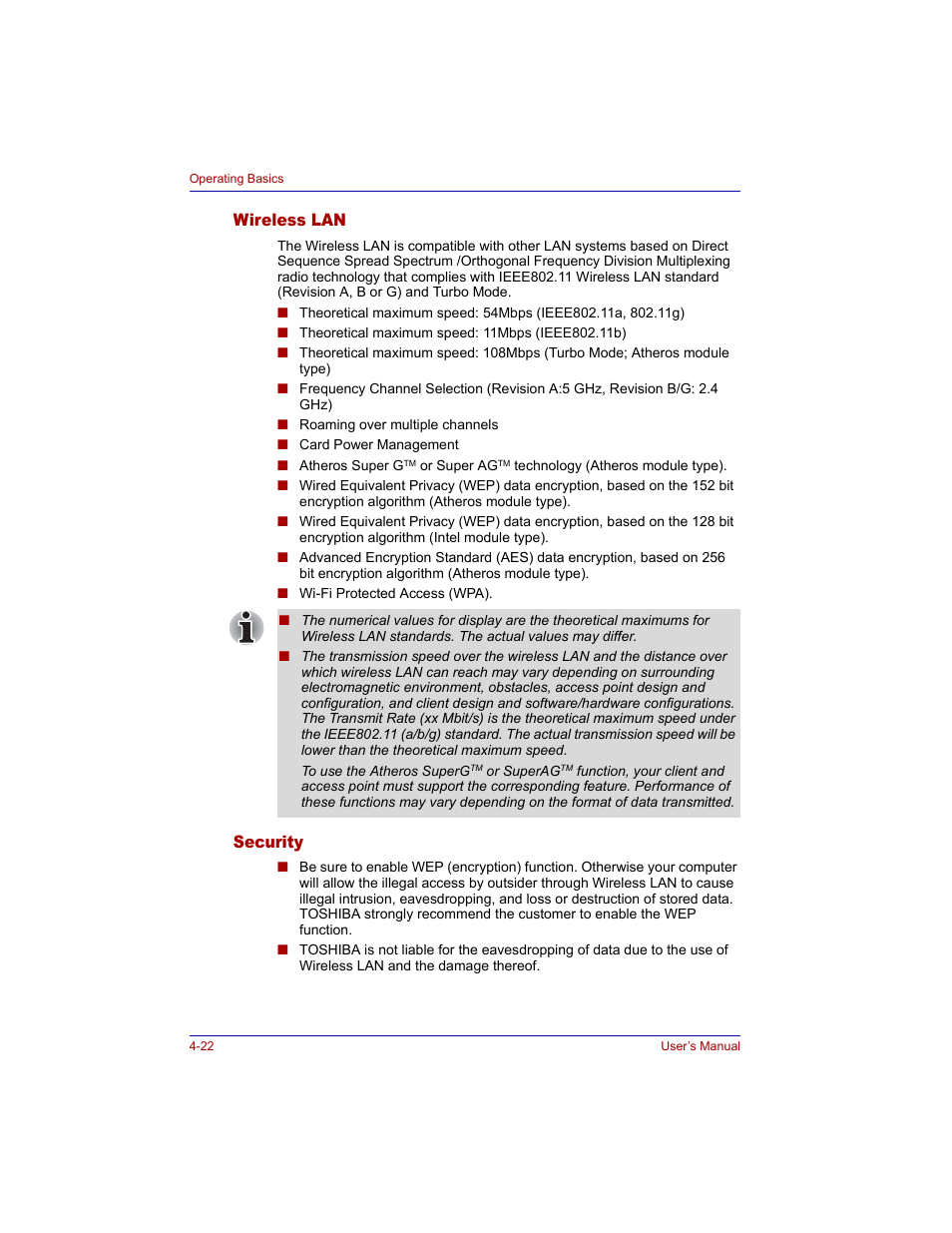 Wireless lan, Security, Wireless lan -22 | Toshiba M300 User Manual | Page 92 / 218