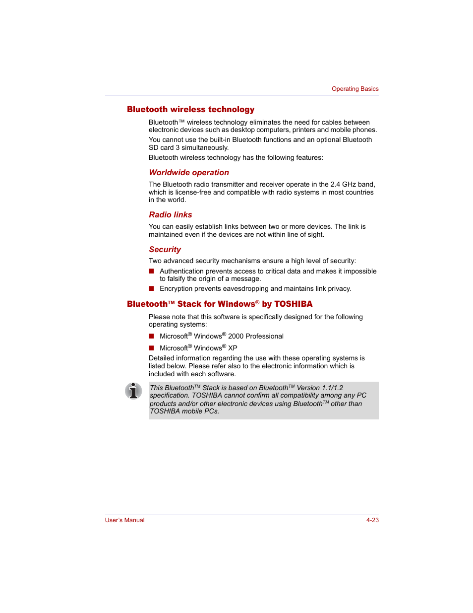 Bluetooth wireless technology, Bluetoothtm stack for windows® by toshiba, Bluetooth wireless technology -23 bluetooth | Stack for windows, By toshiba -23, Bluetooth, By toshiba | Toshiba M300 User Manual | Page 93 / 218