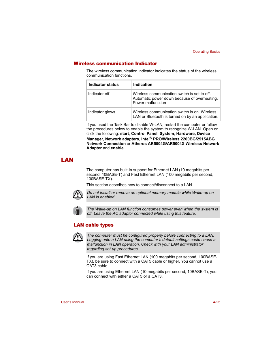 Wireless communication indicator, Lan cable types, Wireless communication indicator -25 | Lan -25, Lan cable types -25 | Toshiba M300 User Manual | Page 95 / 218