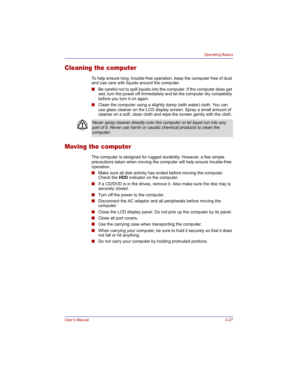 Cleaning the computer, Moving the computer, Cleaning the computer -27 moving the computer -27 | Toshiba M300 User Manual | Page 97 / 218