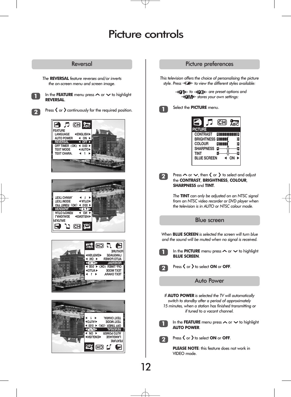 Picture controls, Picture preferences 1 2 reversal, 12 blue screen | 12 auto power | Toshiba 20VL43 User Manual | Page 12 / 16