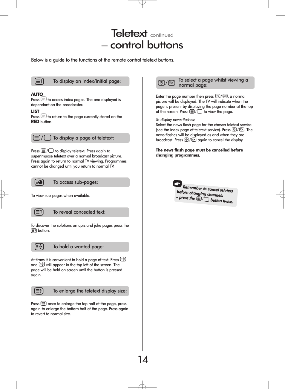 Teletext, Control buttons | Toshiba 20VL43 User Manual | Page 14 / 16