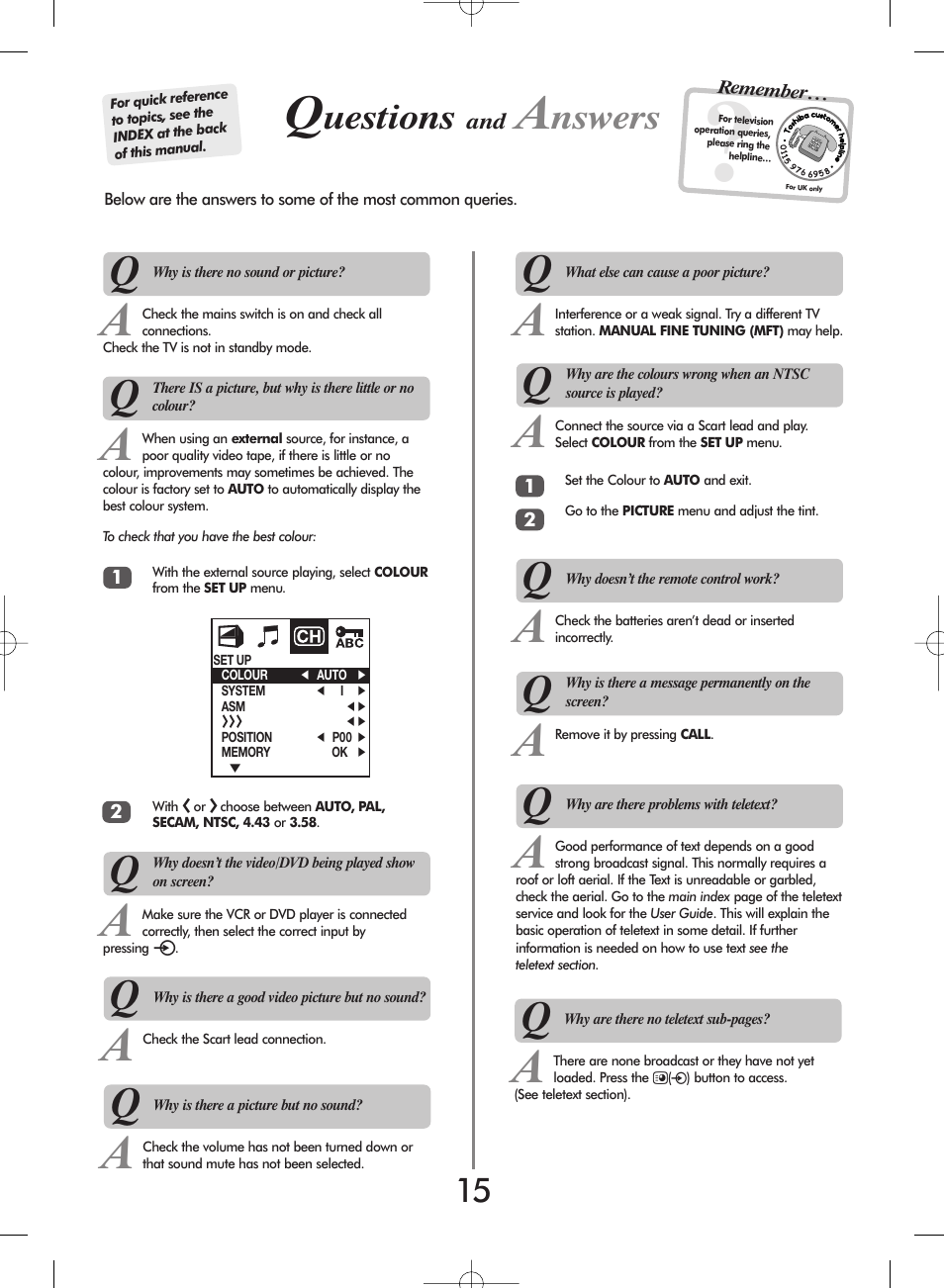 Uestions, Nswers | Toshiba 20VL43 User Manual | Page 15 / 16