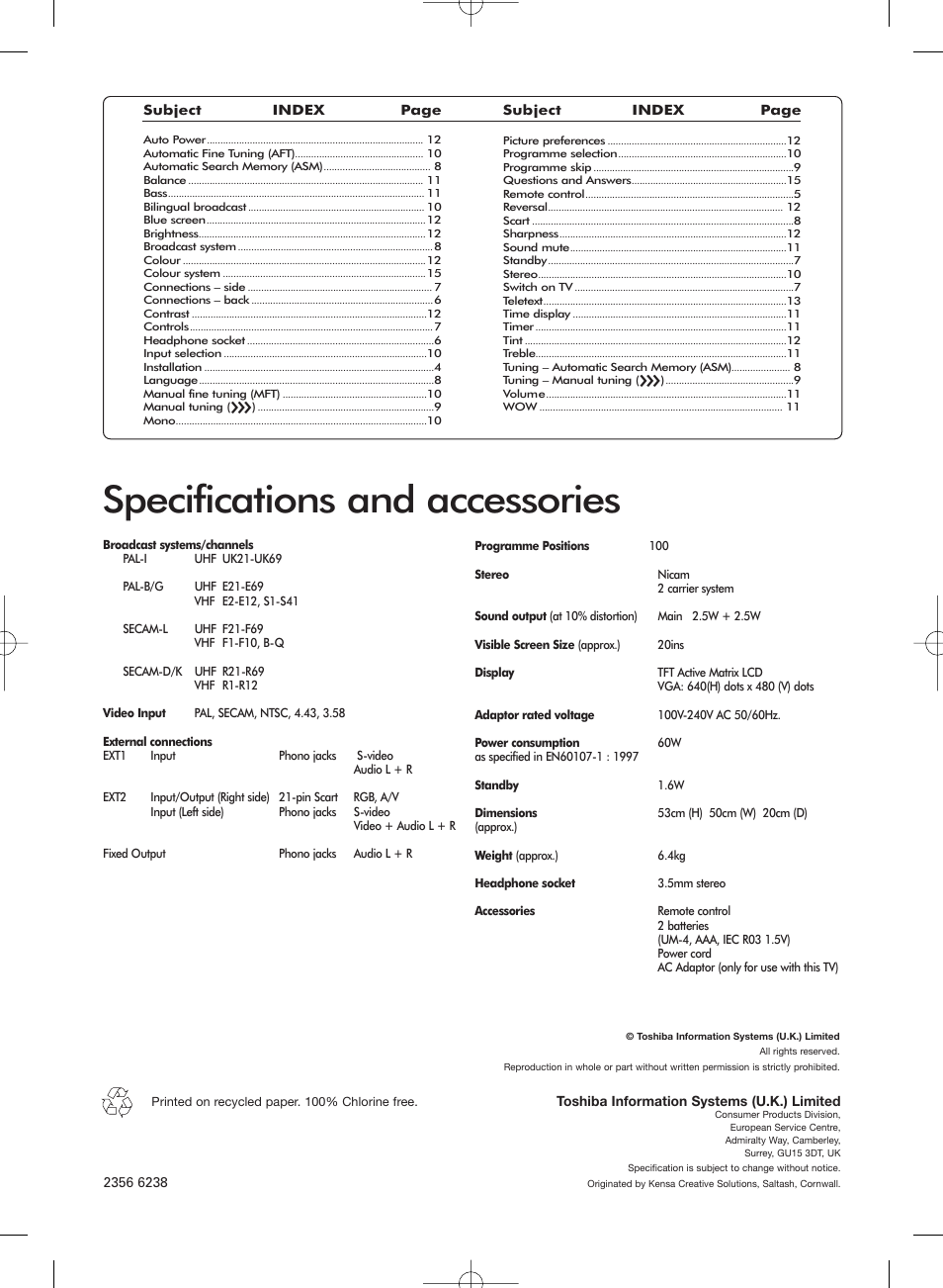 Specifications and accessories | Toshiba 20VL43 User Manual | Page 16 / 16