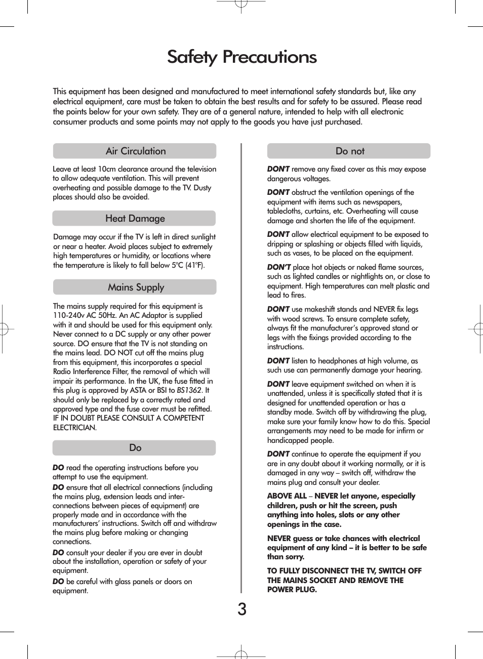 Safety precautions | Toshiba 20VL43 User Manual | Page 3 / 16