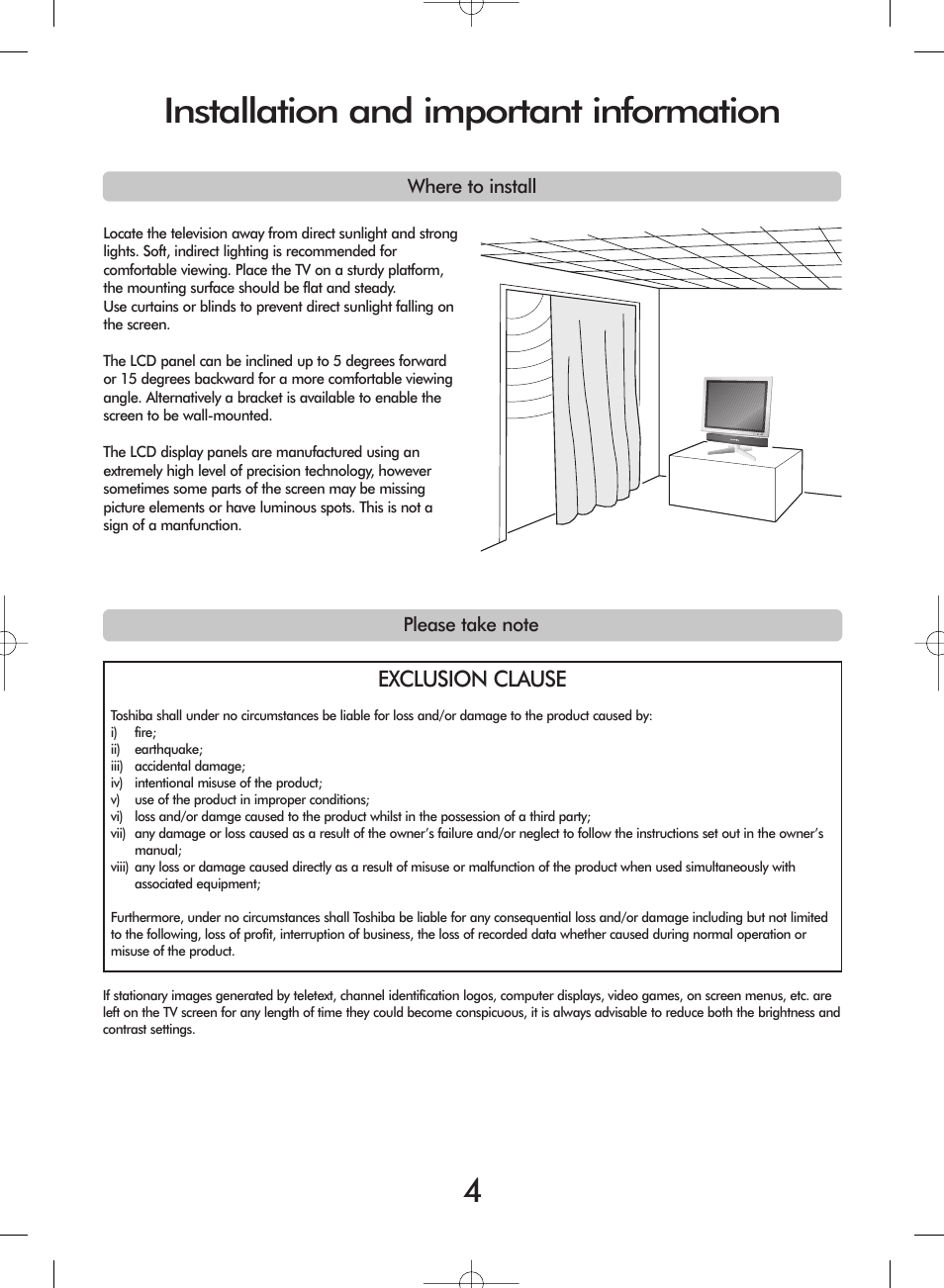 Installation and important information, Exclusion clause | Toshiba 20VL43 User Manual | Page 4 / 16