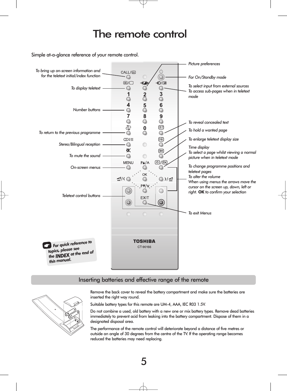 The remote control | Toshiba 20VL43 User Manual | Page 5 / 16