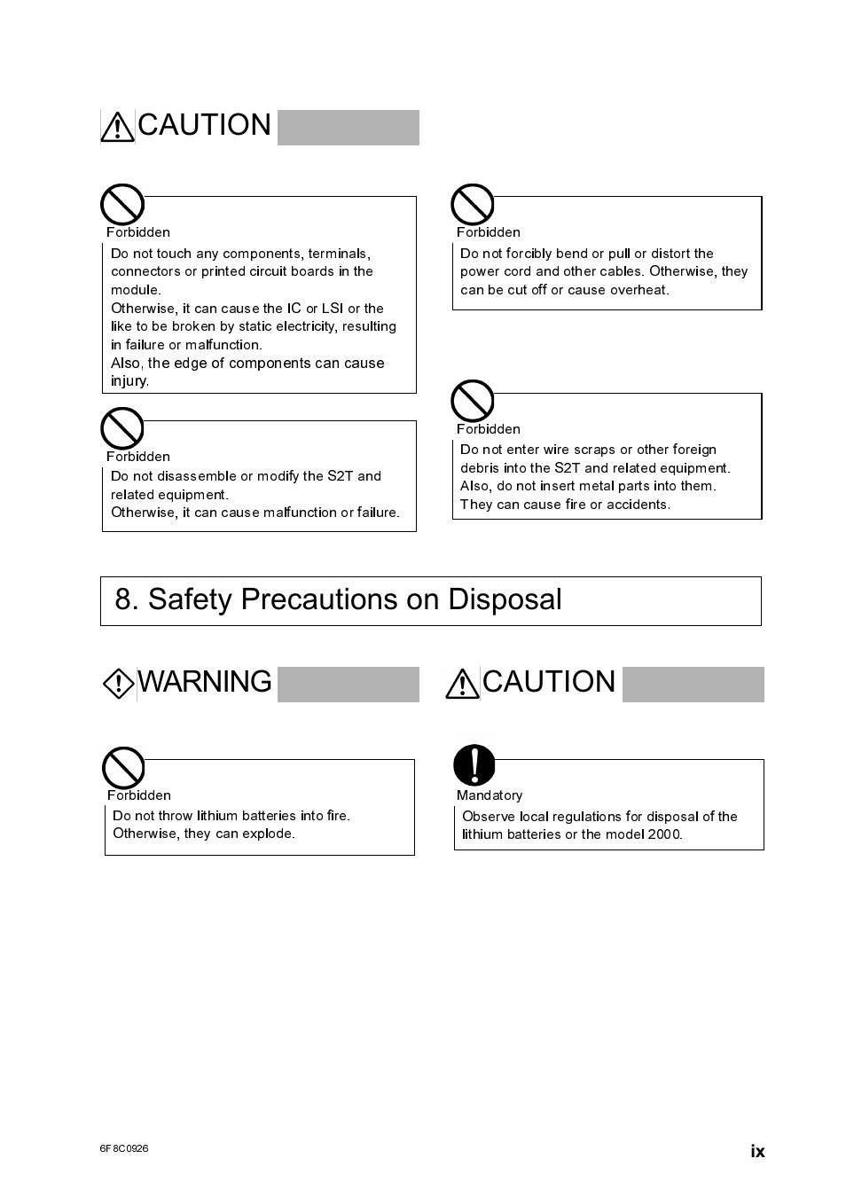 Acaution, Safety precautions on disposal ^warning acaution | Toshiba SX 2000 User Manual | Page 10 / 181