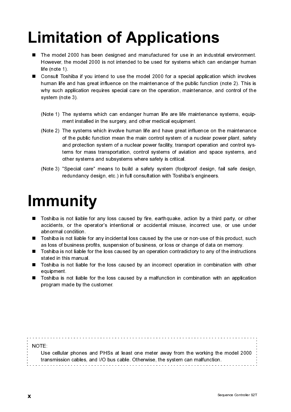 Limitation of appiications, Immunity | Toshiba SX 2000 User Manual | Page 11 / 181