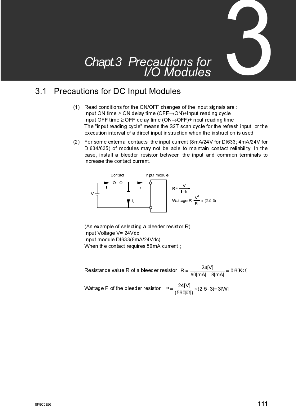 Chapt.3 precautions for, I/o modules, 1 precautions for dc input modules | 7 i/o modules, Precautions for ac input modules, Chapt.3 precautions for i/o modules | Toshiba SX 2000 User Manual | Page 128 / 181