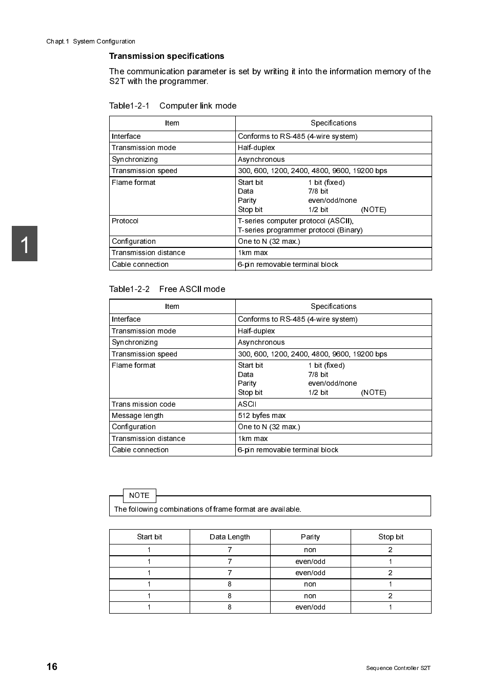 Transmission specifications, Table1-2-2 free ascii mode | Toshiba SX 2000 User Manual | Page 33 / 181