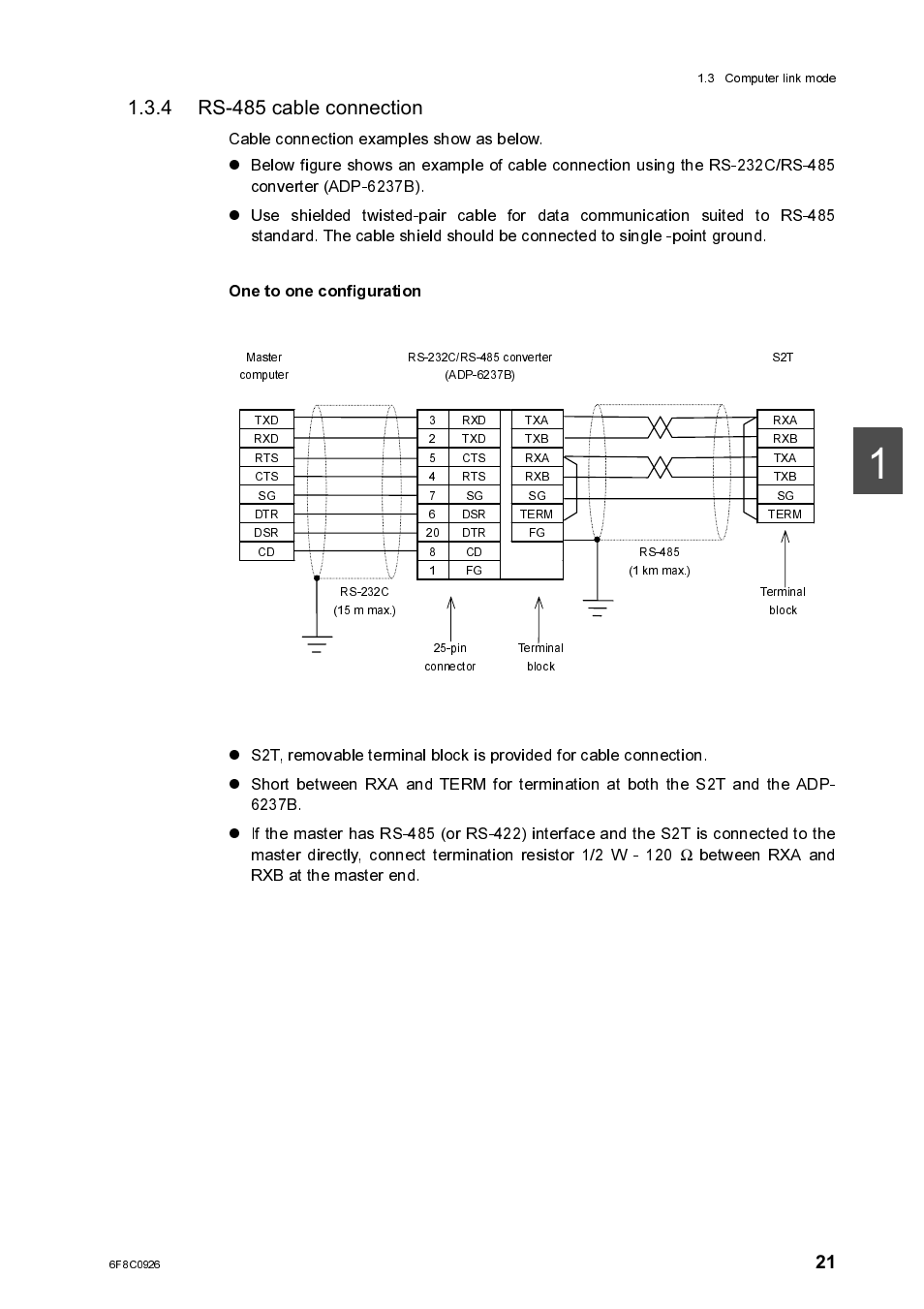 4 rs-485 cable connection, One to one configuration, Rs-485 cable connection | Toshiba SX 2000 User Manual | Page 38 / 181