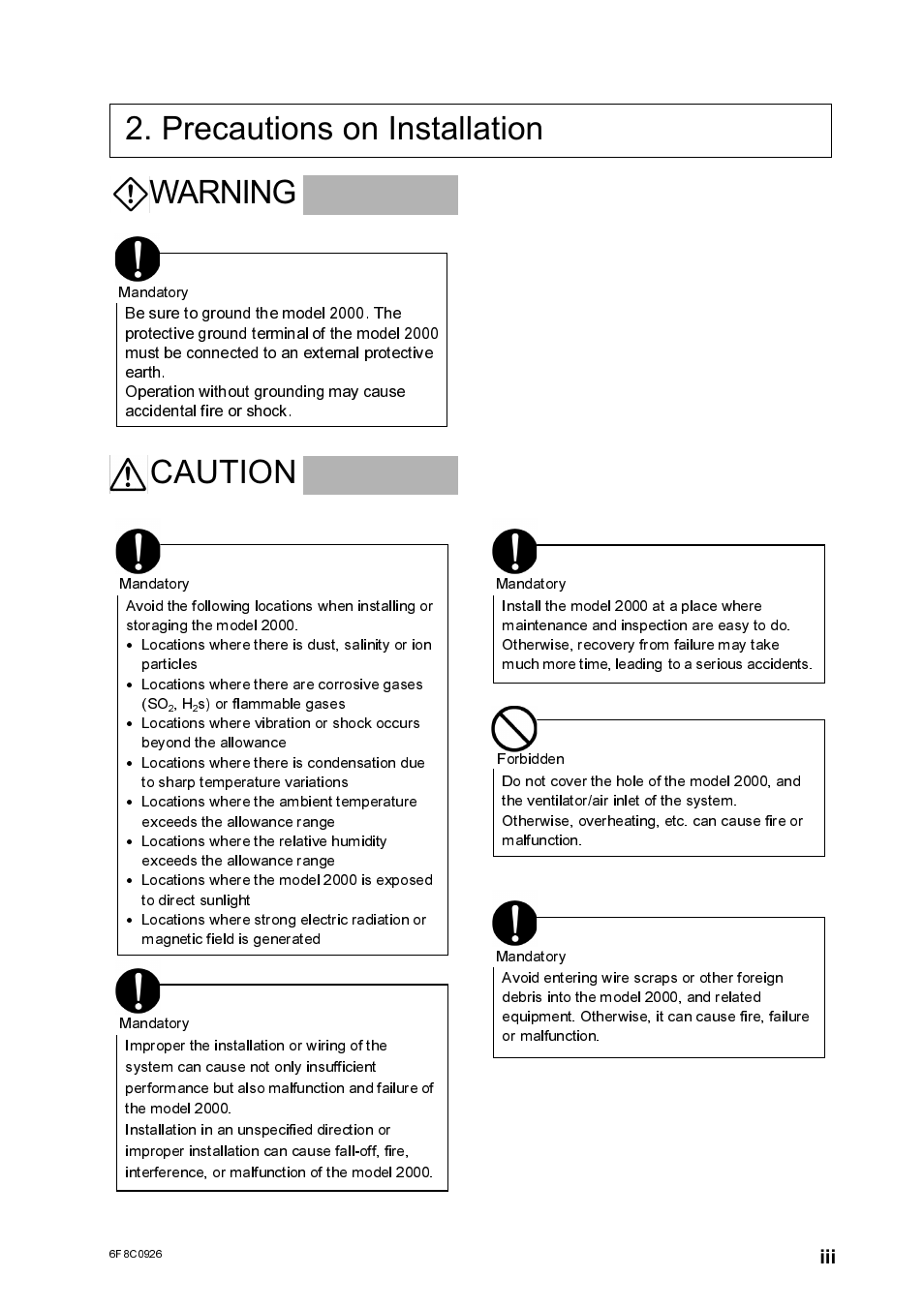 Precautions on installation ^warning, A caution | Toshiba SX 2000 User Manual | Page 4 / 181