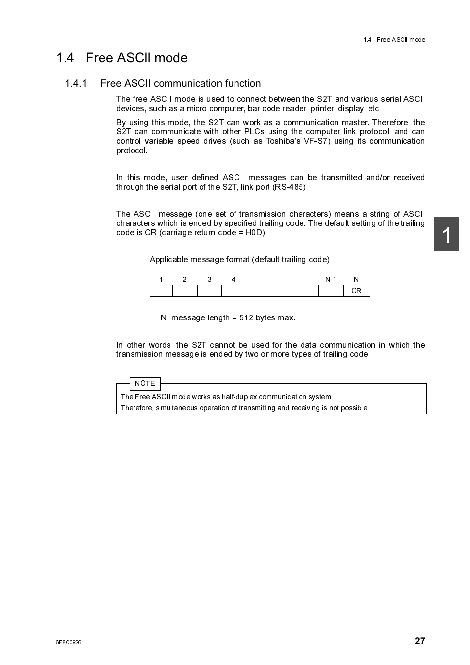 4 free ascii mode, 1 free ascii communication function, Free ascii communication function | Toshiba SX 2000 User Manual | Page 44 / 181