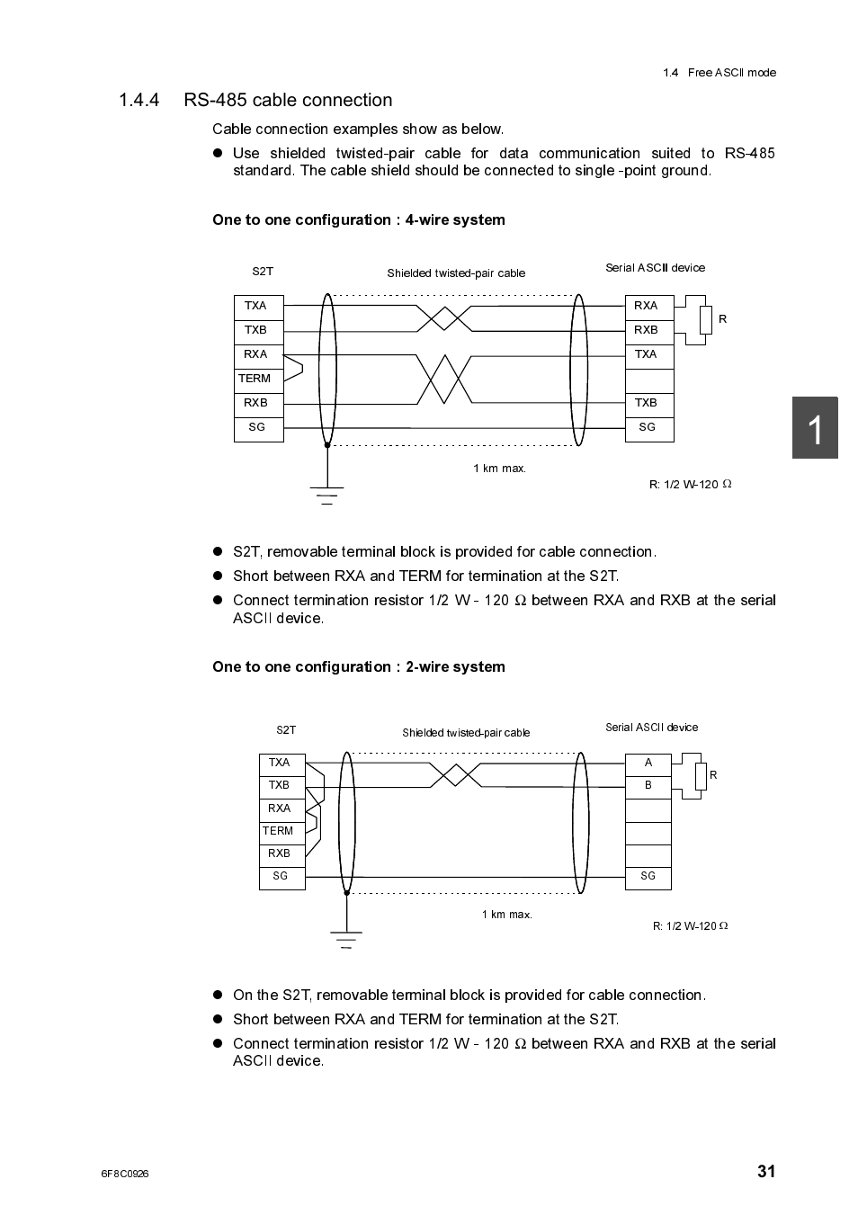 4 rs-485 cable connection, Rs-485 cable connection, One to one configuration : 4-wire system | One to one configuration : 2-wire system | Toshiba SX 2000 User Manual | Page 48 / 181