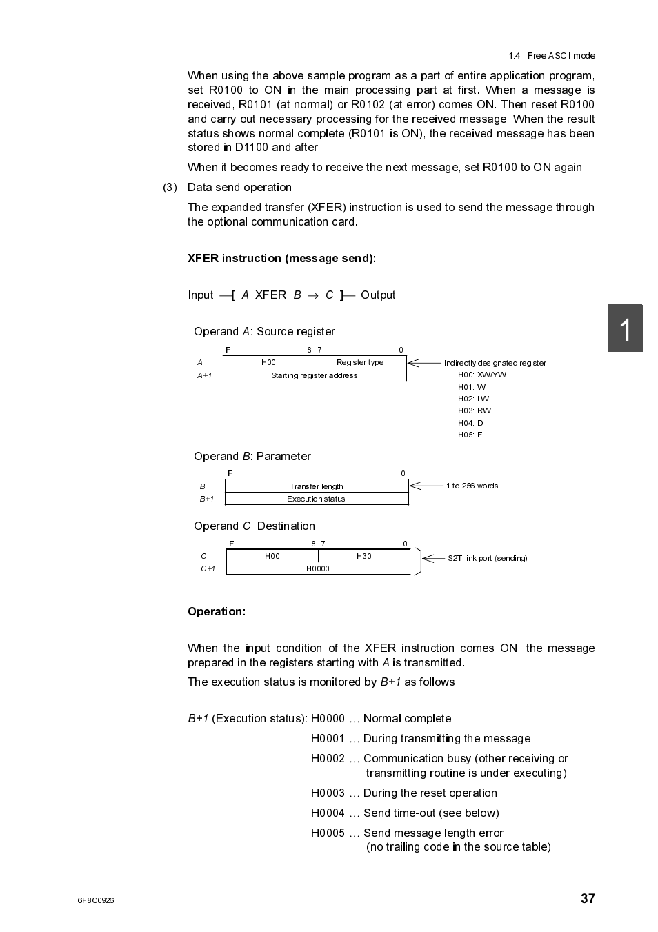 Xfer instruction (message send), Operation | Toshiba SX 2000 User Manual | Page 54 / 181