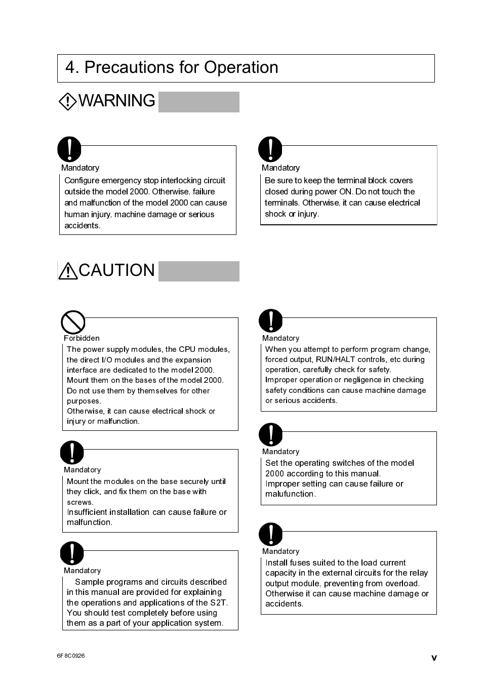 Precautions for operation ^warning, Acaution | Toshiba SX 2000 User Manual | Page 6 / 181