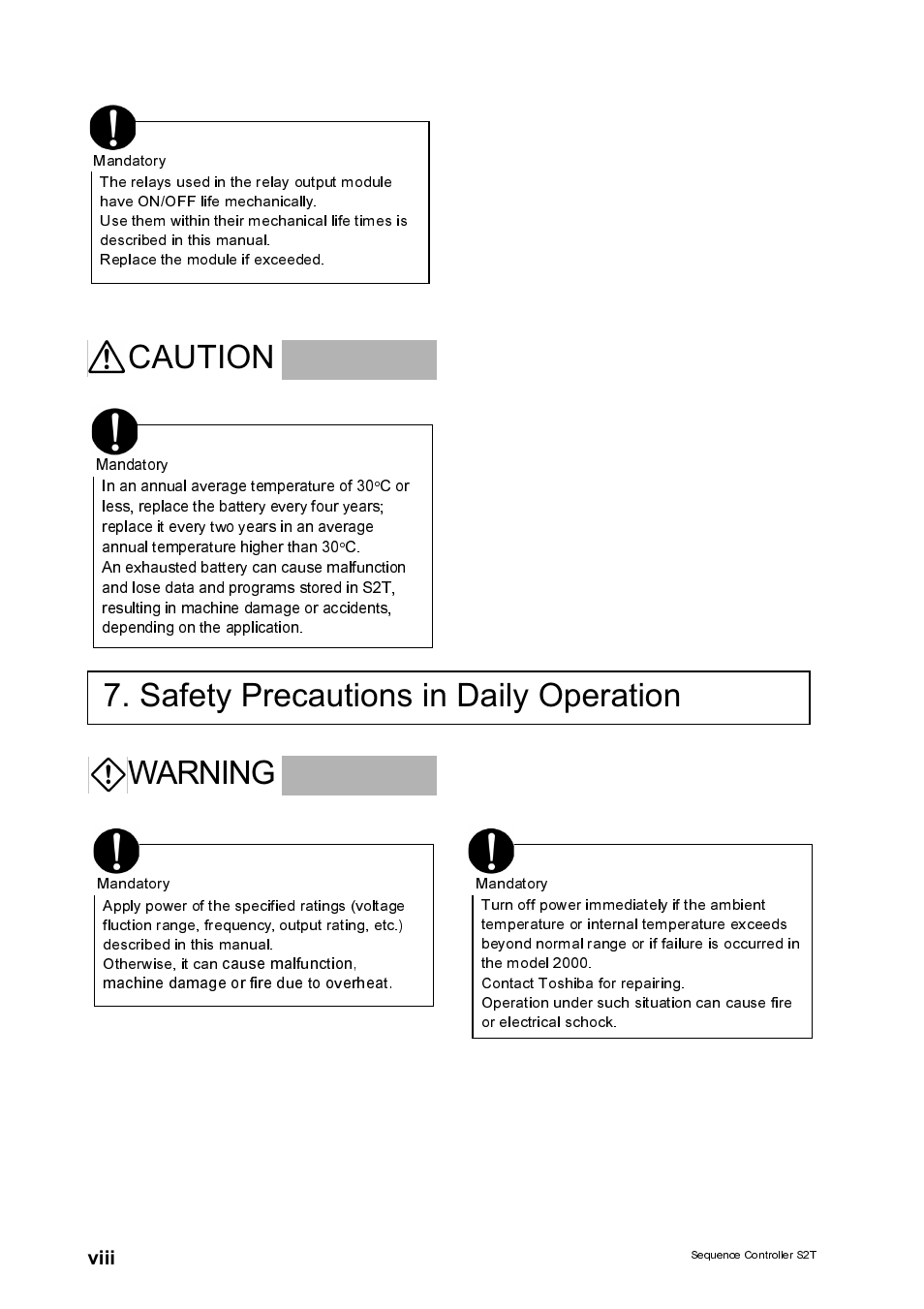 Safety precautions in daily operation c^warning | Toshiba SX 2000 User Manual | Page 9 / 181