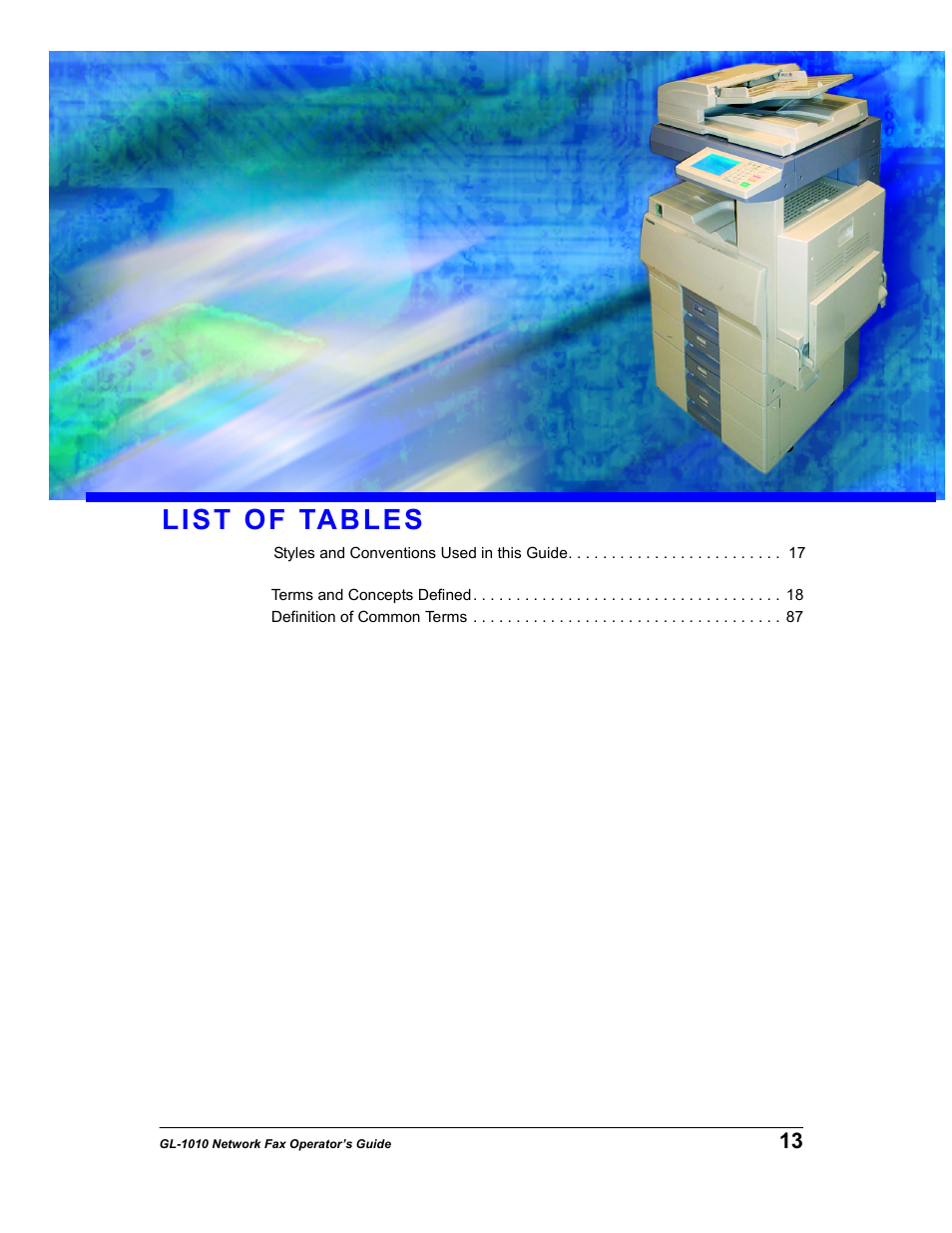 List of tables | Toshiba GL-1010 User Manual | Page 13 / 97