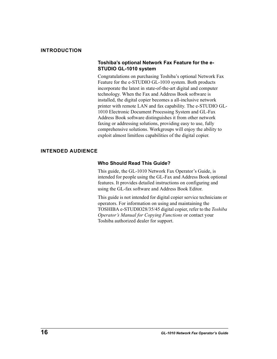 Introduction, Intended audience, Who should read this guide | Toshiba GL-1010 User Manual | Page 16 / 97