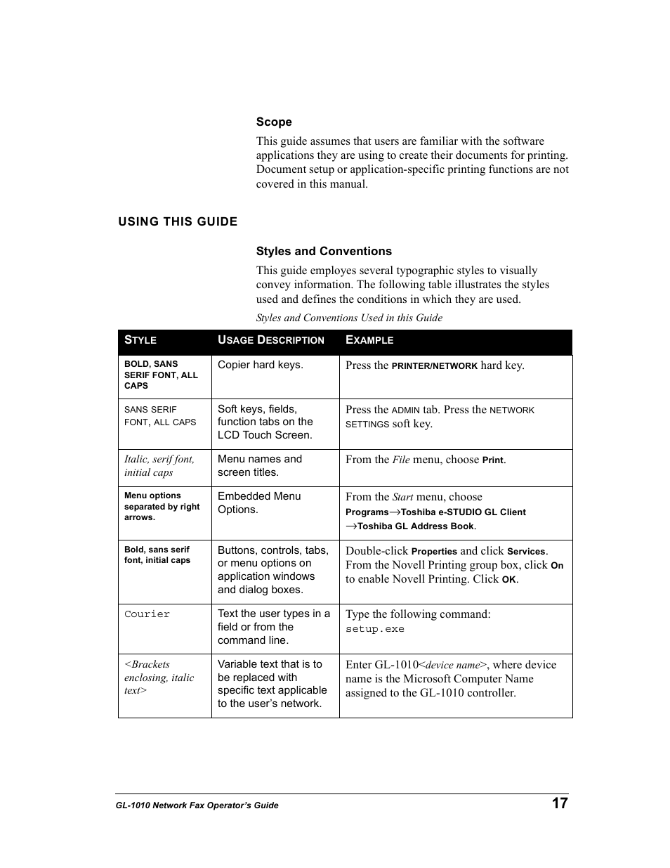 Scope, Using this guide, Styles and conventions | Toshiba GL-1010 User Manual | Page 17 / 97