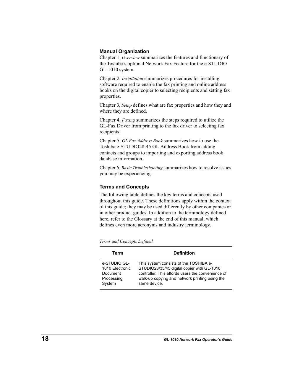 Manual organization, Terms and concepts | Toshiba GL-1010 User Manual | Page 18 / 97