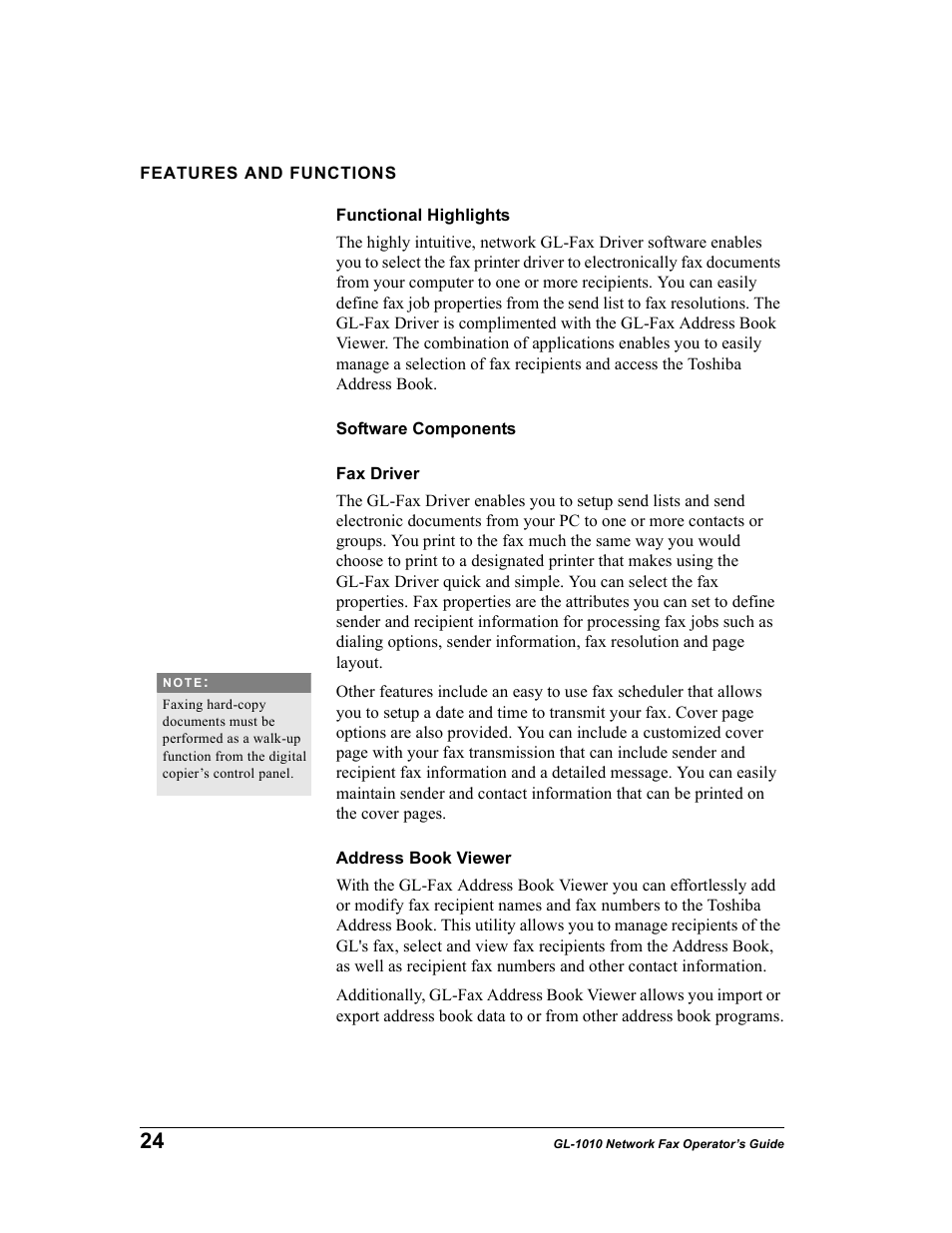 Features and functions, Functional highlights, Software components | Fax driver, Address book viewer | Toshiba GL-1010 User Manual | Page 24 / 97