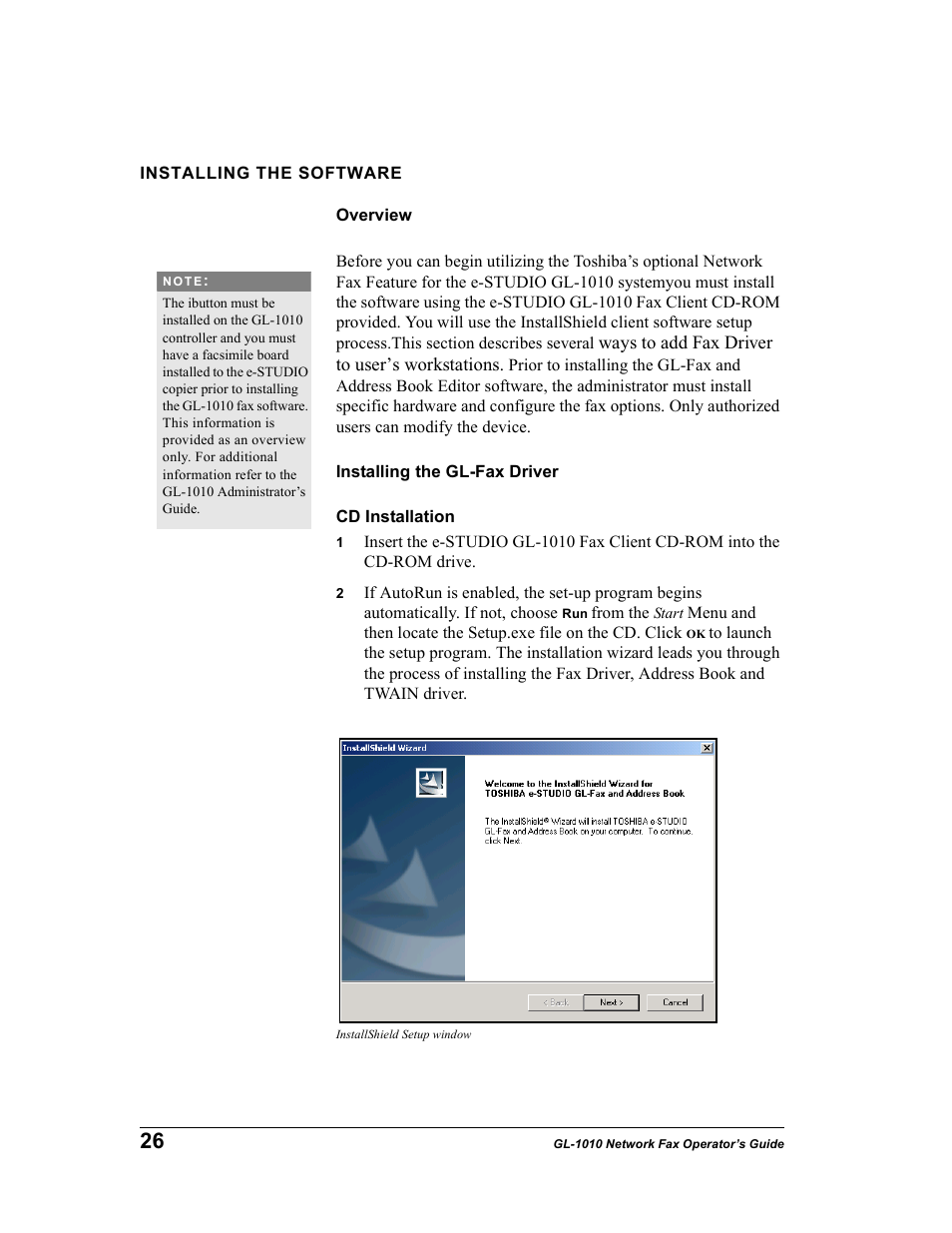 Installing the software, Overview, Installing the gl-fax driver | Cd installation | Toshiba GL-1010 User Manual | Page 26 / 97